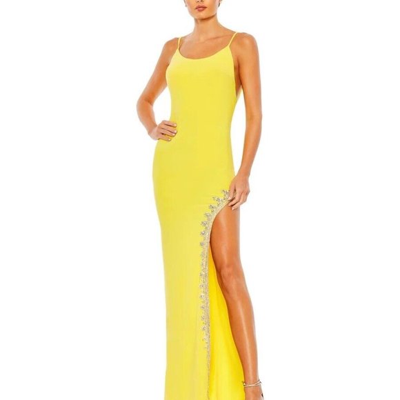 NWT MAC DUGGAL YELLOW 42002 RHINESTONE SLIT SCOOP NECK LONG GOWN - Picture 2 of 8